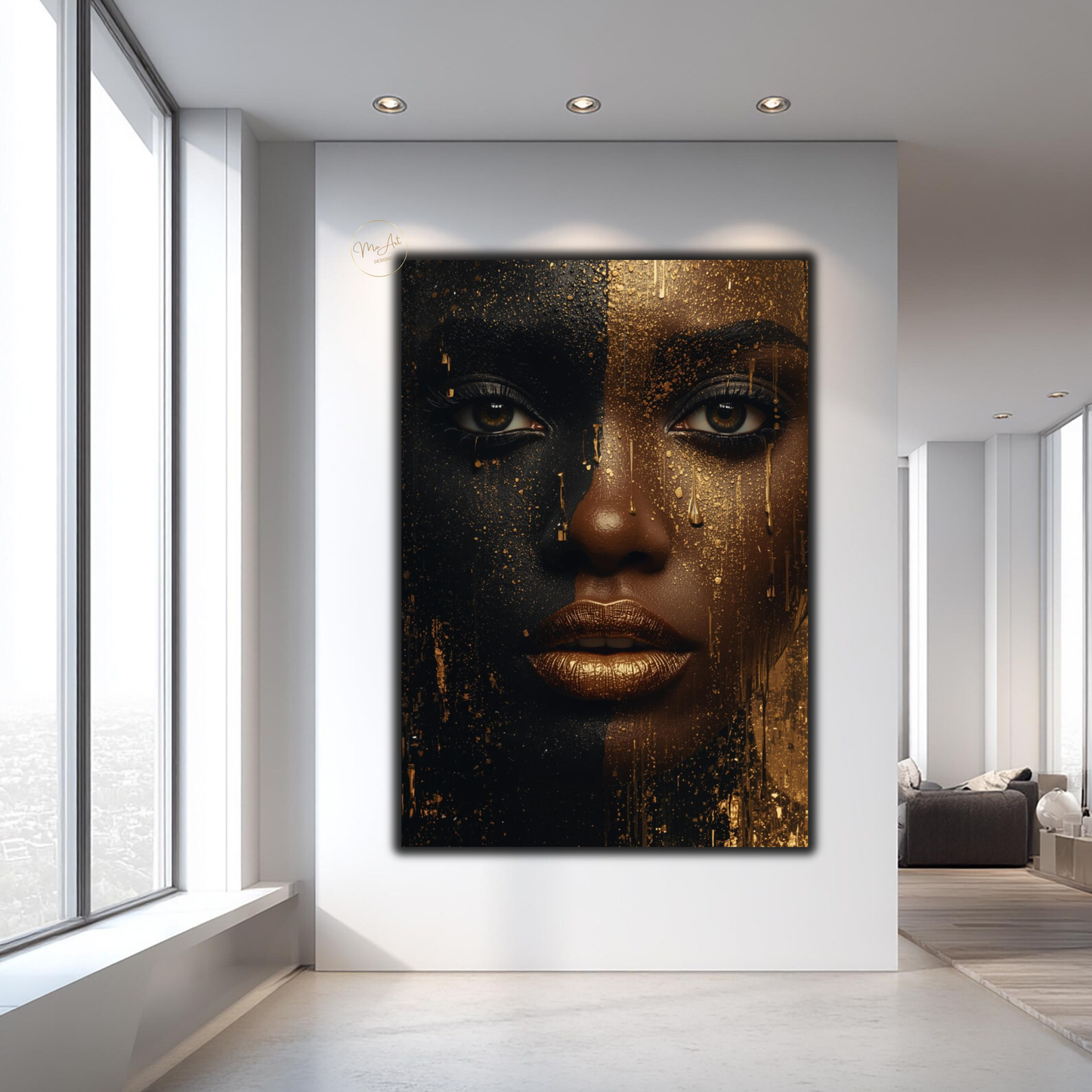 Black Woman Wall Art – Striking Gold Drip | Afrocentric Black & Gold Canvas Print
