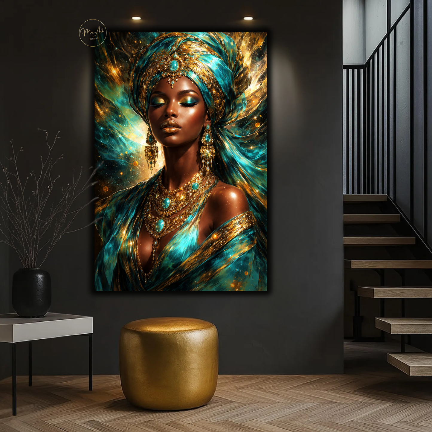 Black Woman Wall Art – Elegant Afrocentric Turquoise & Gold Abstract Canvas Print