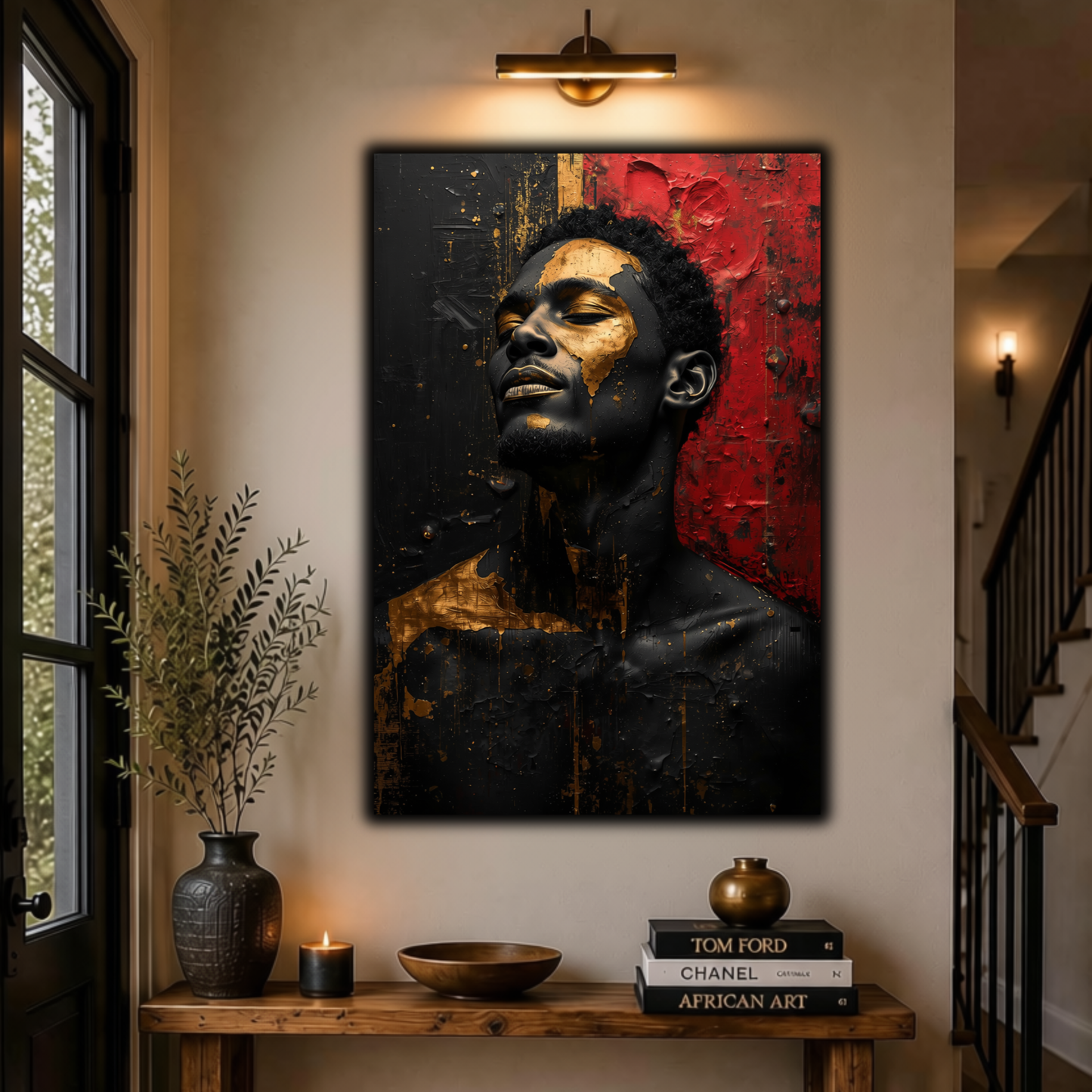 Black Man Wall Art - Afrocentric Abstract Canvas Print in Black, Gold & Red
