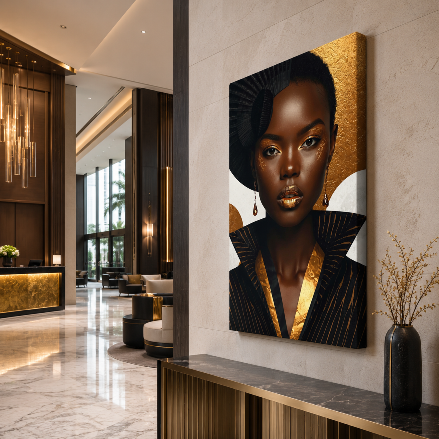 Black Woman Wall Art - Afrocentric Fashion in Black & Gold Canvas Print | Luxury African American Portrait Wall Decor