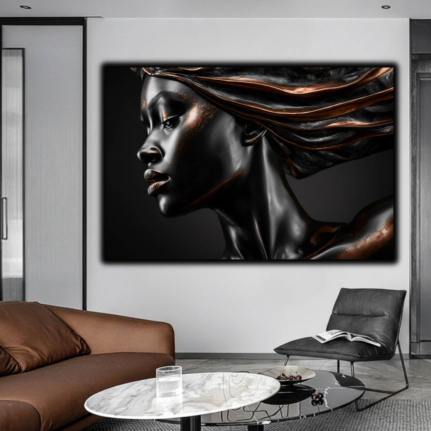 Black Woman Wall Art – Afrocentric Black & Copper Abstract Canvas Print | Modern Luxury Decor