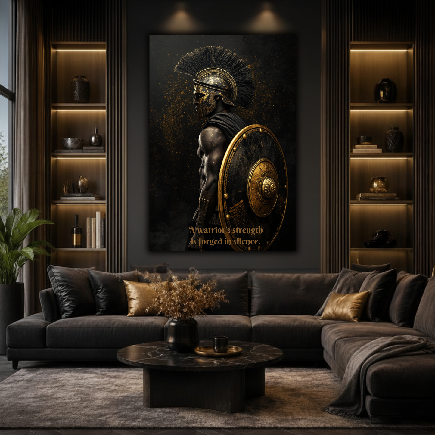 Spartan Warrior Motivational Quote Canvas Print | "Forged in Silence" Black & Gold Wall Art
