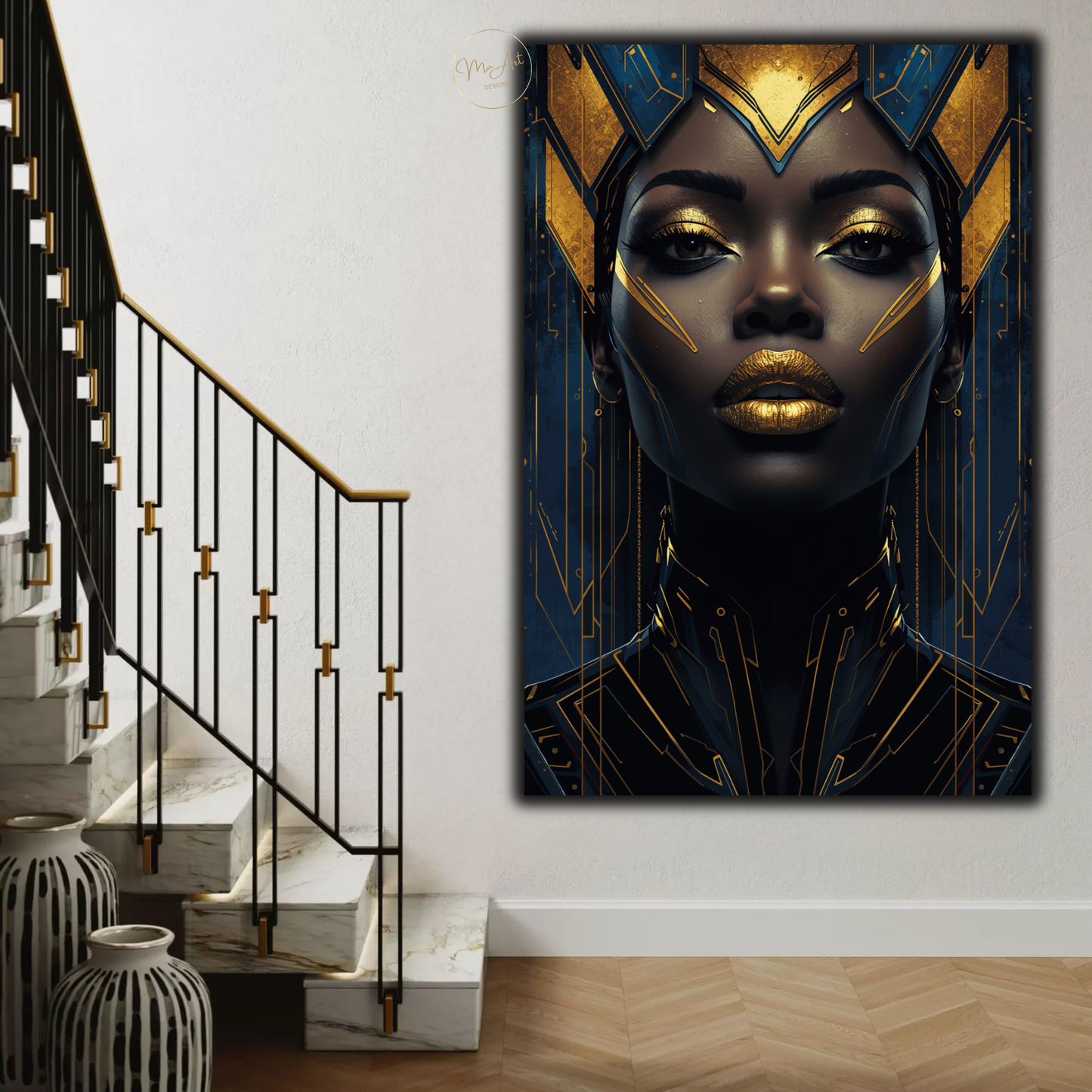 Black Woman Wall Art – Blue & Gold Afrocentric Queen Canvas Print