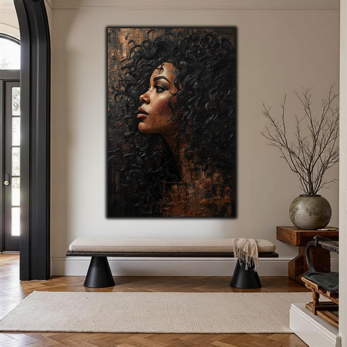 Black Woman Wall Art – Afrocentric Abstract Portrait Canvas Print | Black & Copper Wall Art
