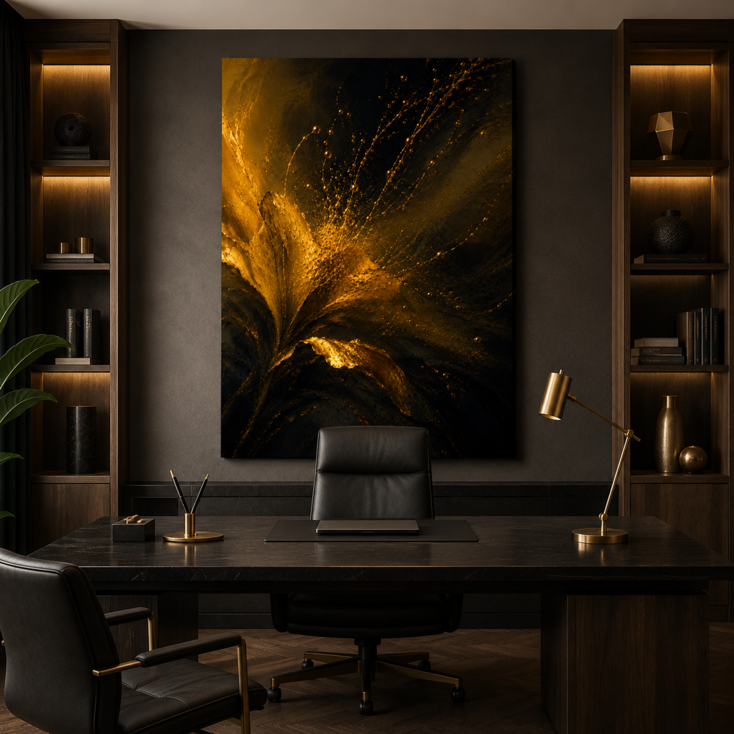 Abstract Gold Flower Wall Art – Elegant Black & Gold Canvas Print | Modern Elegant Home Decor