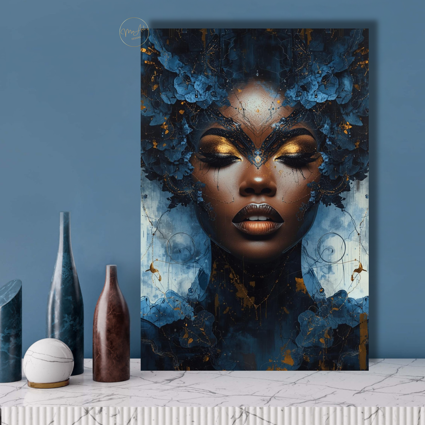 Afrocentric Black Woman Wall Art – Blue and Gold Abstract Canvas Print