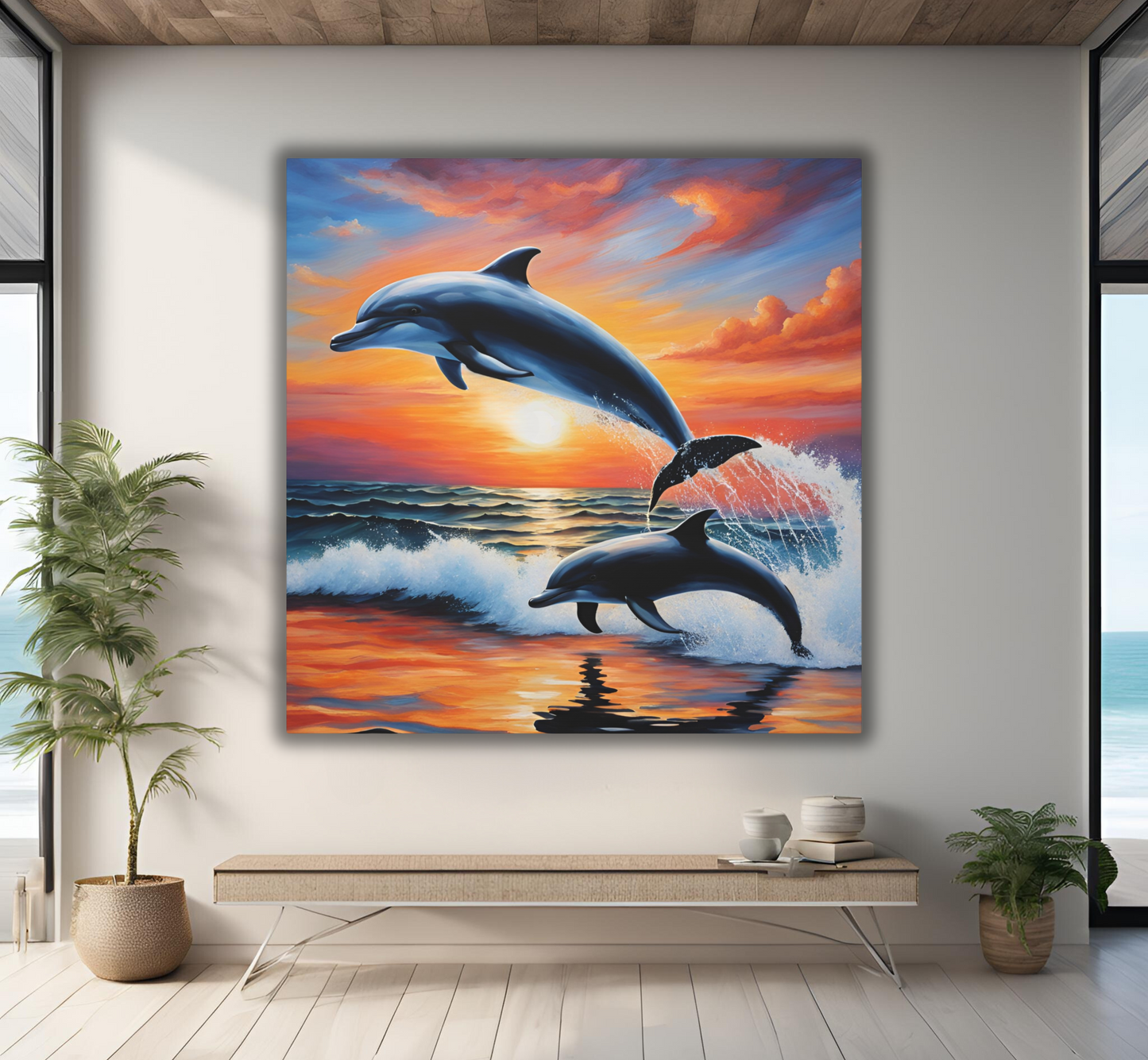 Dolphin Mother with Calf at Sunset - Canvas Wall Art