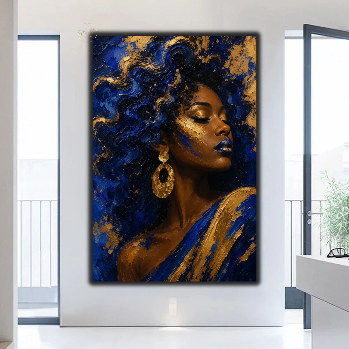 Black Woman Wall Art – Royal Blue & Gold Afrocentric Canvas Print | Abstract African American Woman Art