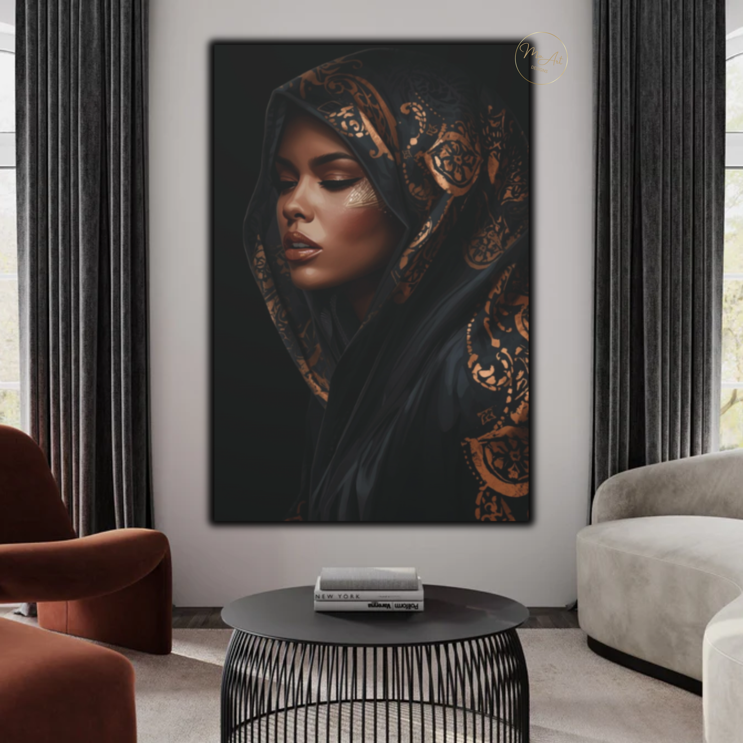 Black Woman Wall Art – Veiled Elegance | Black & Gold Luxury Afrocentric Canvas Print