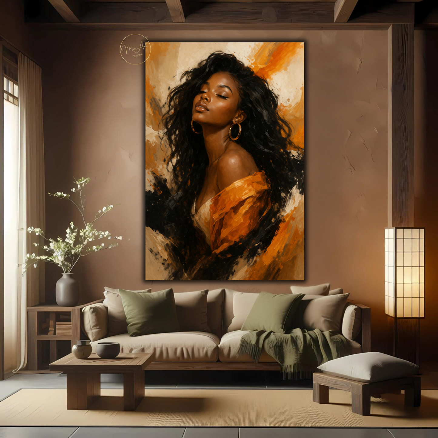 Black Woman Wall Art – Elegant Afrocentric Orange & Beige Abstract Canvas Print