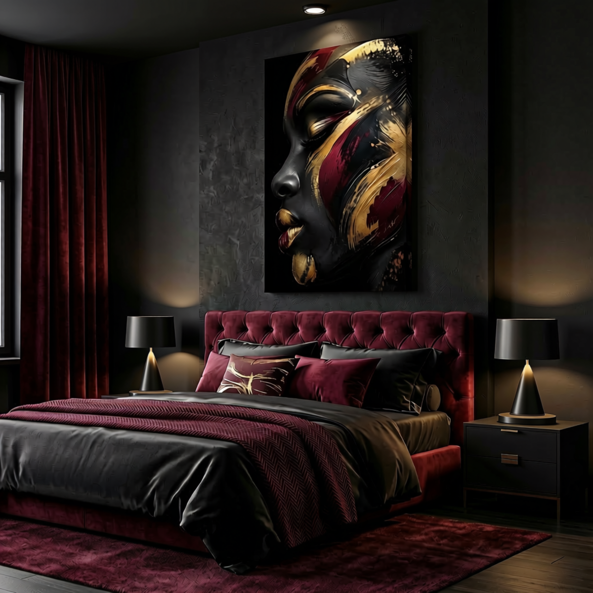Black Woman Wall Art - Abstract Afrocentric Canvas Print | Black, Gold & Burgundy Home Decor