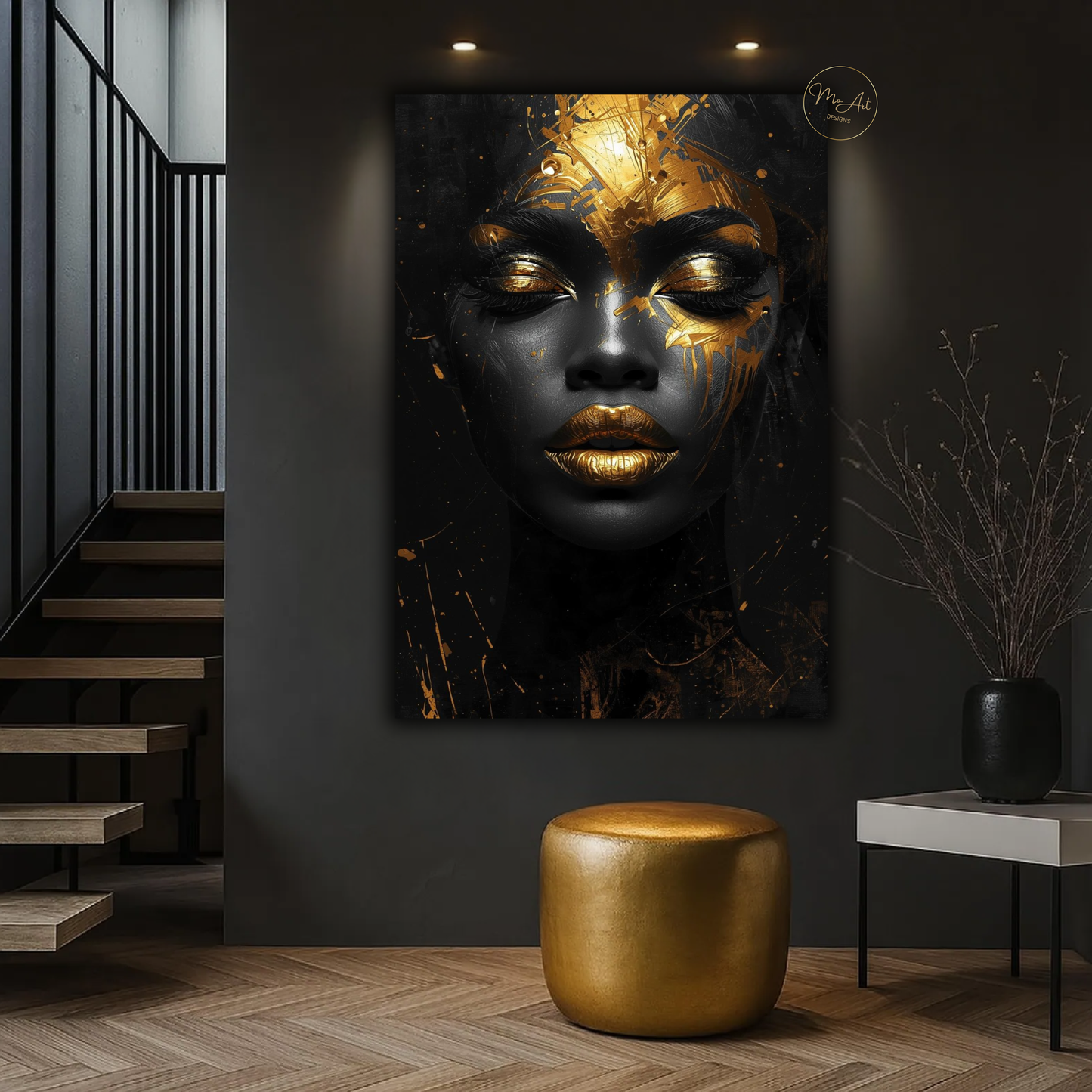 Black Woman Wall Art – Afrocentric Black & Gold Abstract Portrait Canvas Print