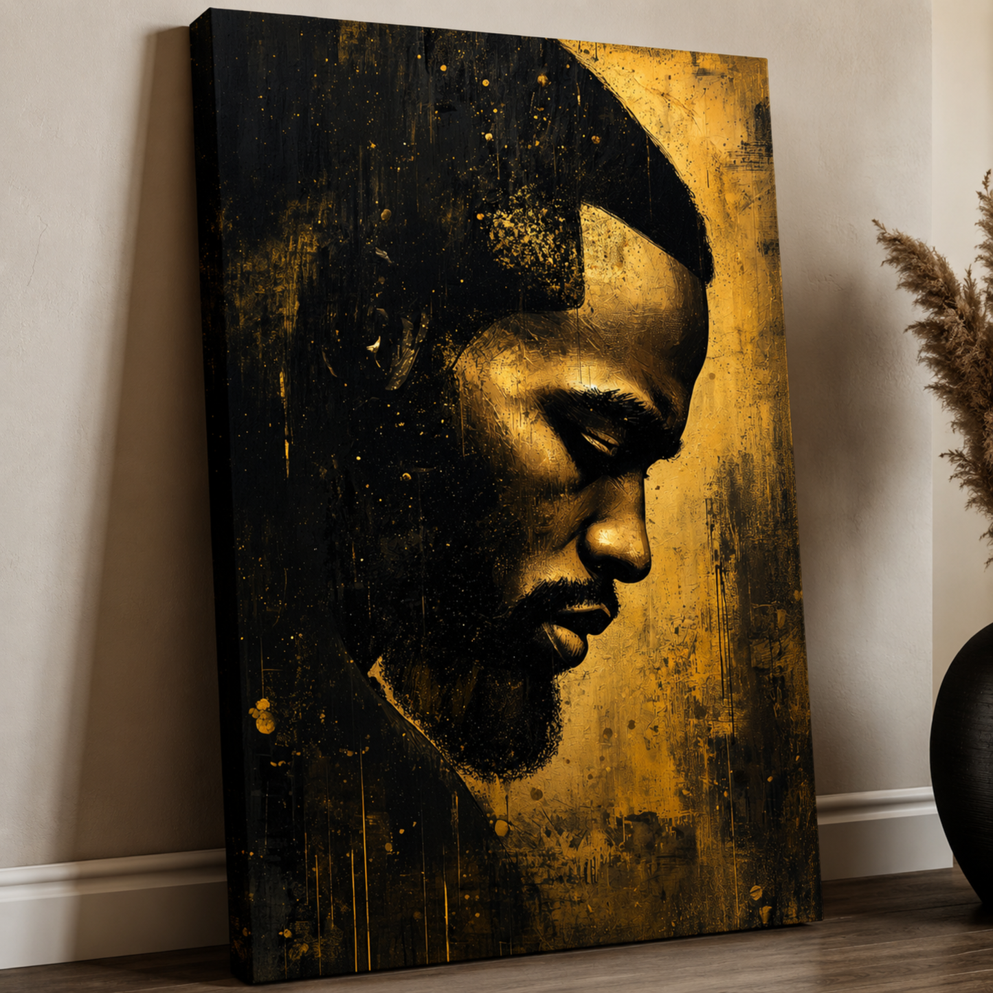 Black Man Wall Art Abstract Portrait | Black and Gold Canvas Print | African American Male Art  Modern Home Decor