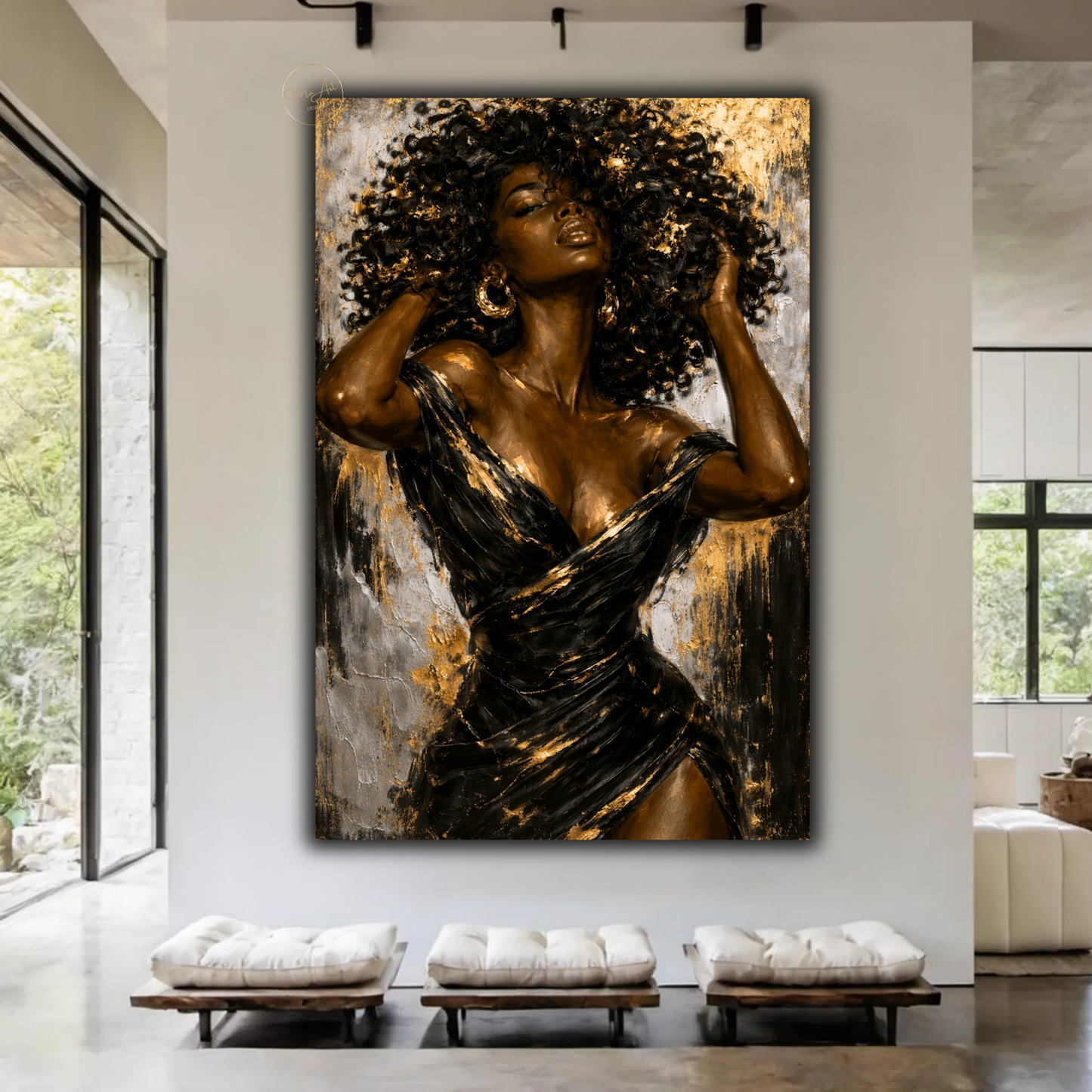 Black Woman Wall Art – Sensual Afrocentric Black, Gold & Silver Abstract Canvas Print