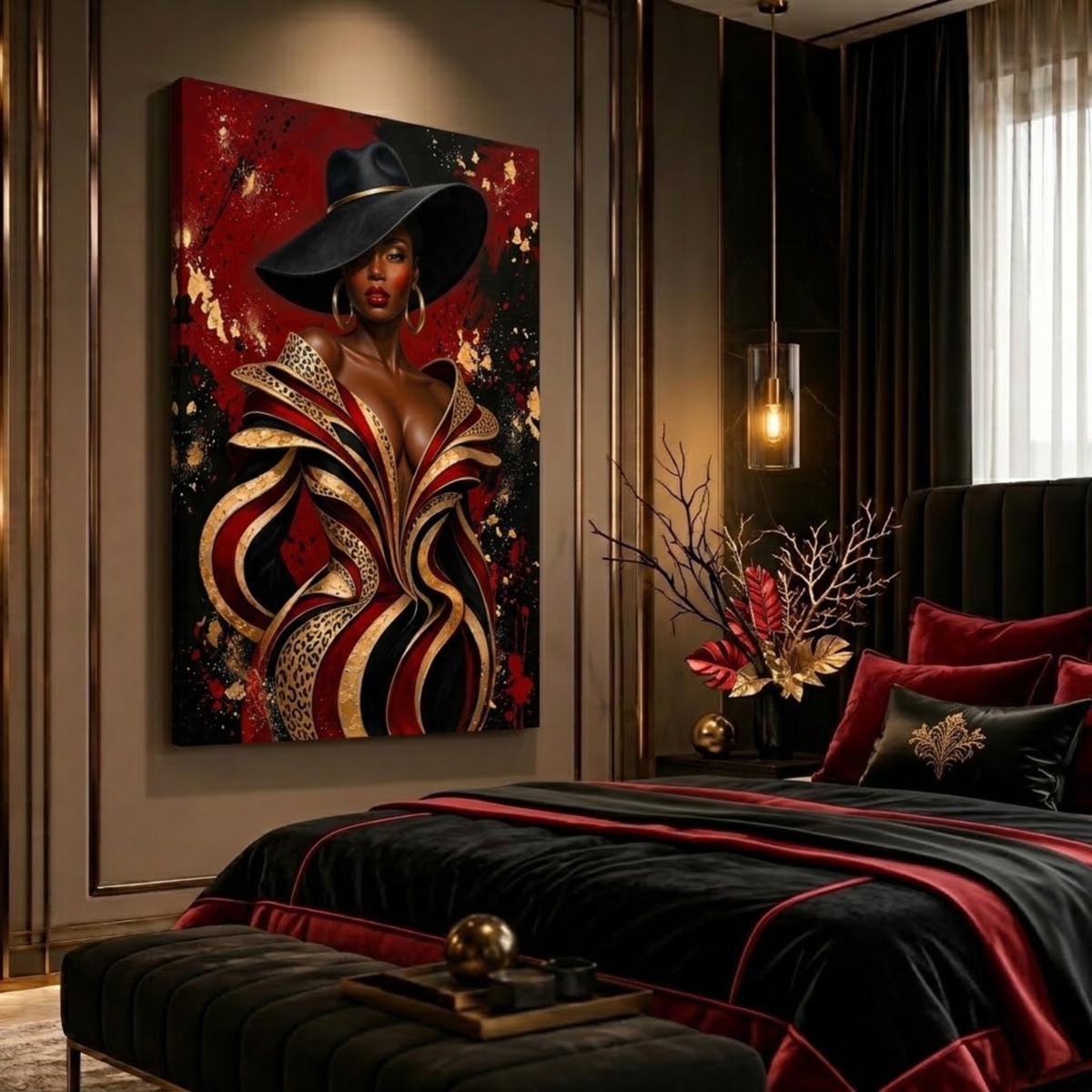 Black Woman Wall Art - Seductive Glamour | Red, Black & Gold Leopard Print Afrocentric Canvas Print