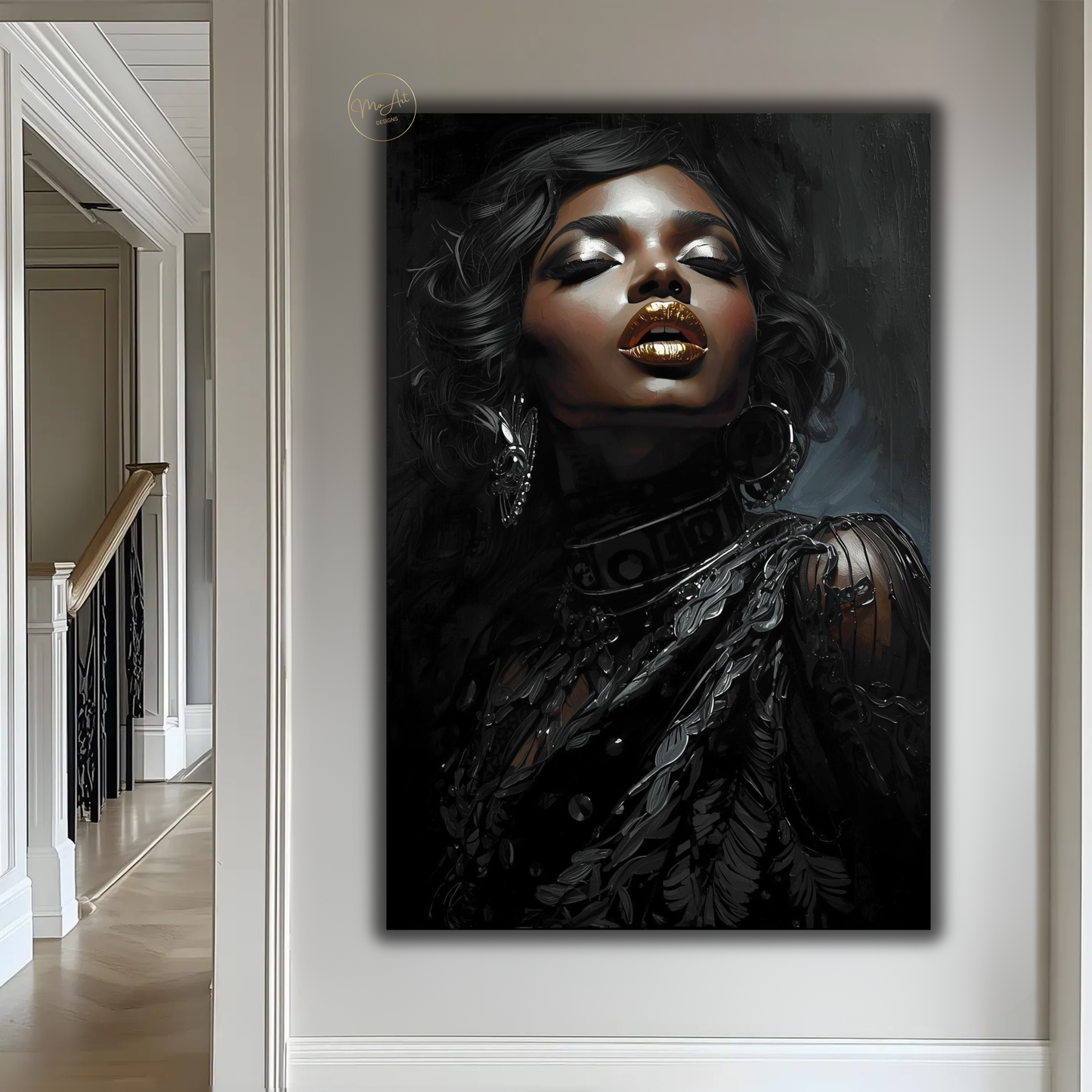 Black Woman Wall Art with Gold Lips – Elegant Afrocentric Canvas Print for Luxury Decor