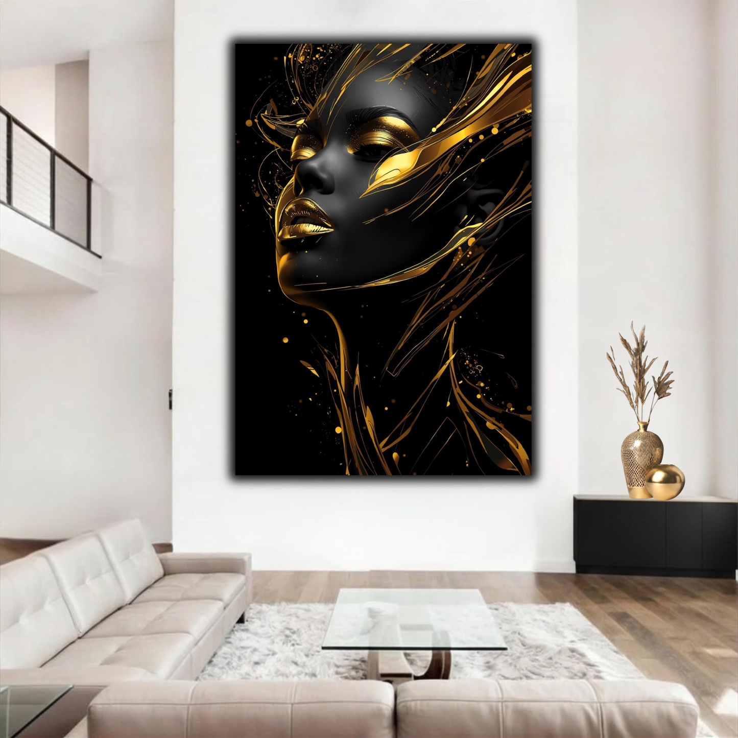 Black Woman Wall Art – Black & Gold Abstract Afrocentric Canvas Print | Luxury Modern African American Art Decor