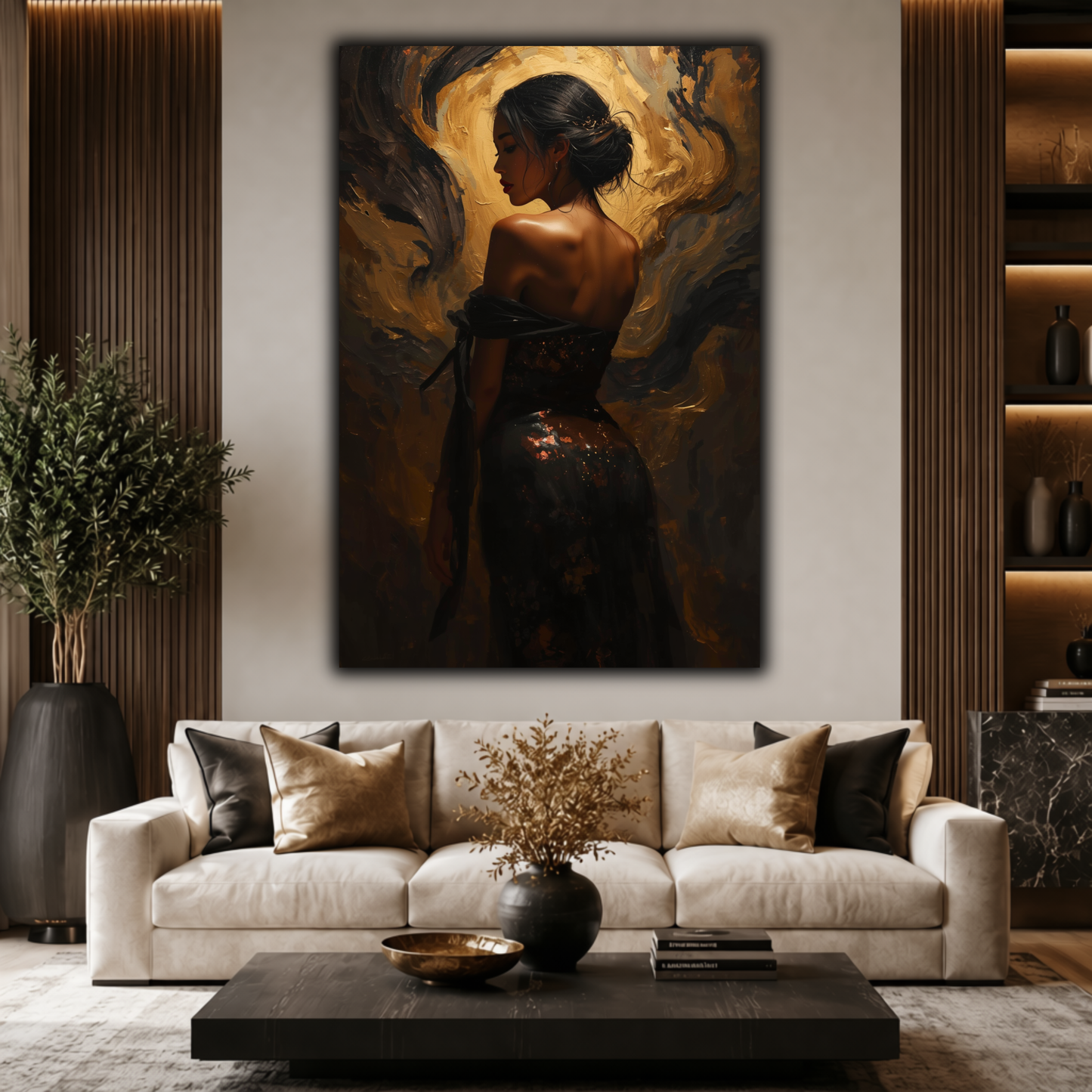 Golden Elegance Canvas Print – Luxury Abstract Female Portrait | Black, Gold & Bronze Wall Art