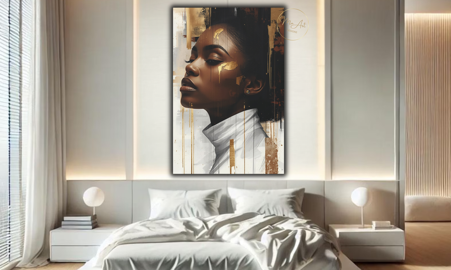 Abstract Black Woman Wall Art – White & Gold Elegance / Canvas Print