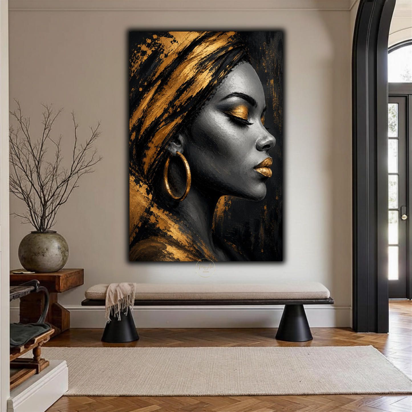 Black Woman Wall Art – Luxury Black & Gold Afrocentric Portrait Canvas Print