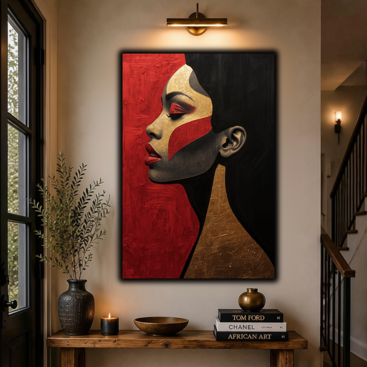 Black Woman Wall Art – Abstract Afrocentric Canvas Print | Black, Red & Gold Modern Wall Decor