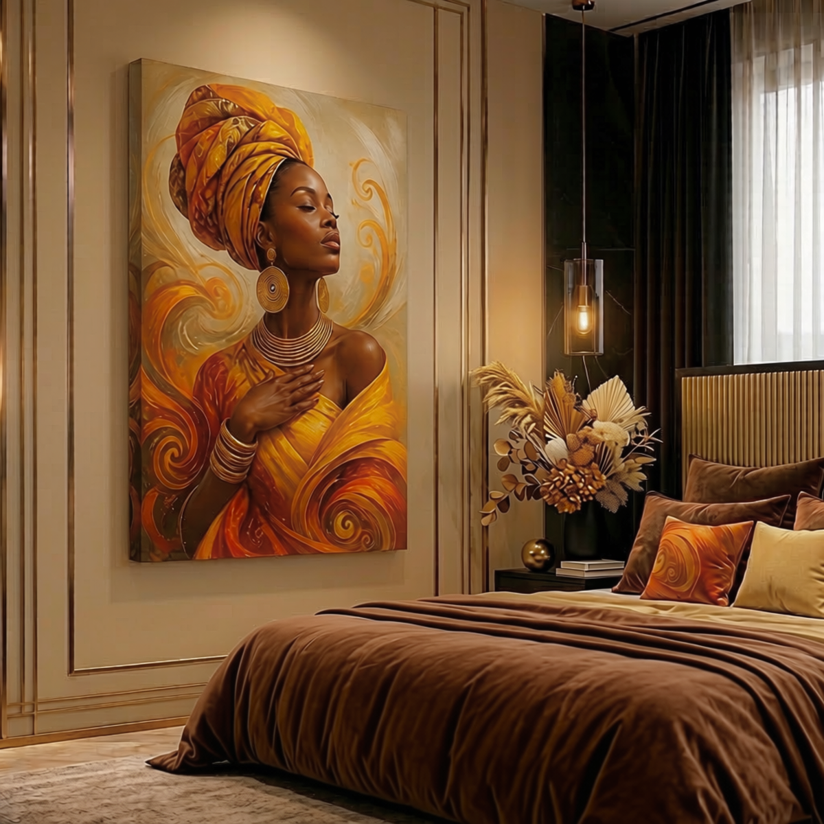 Black Woman Wall Art – Amber Serenity | Afrocentric Orange & Yellow Canvas Print
