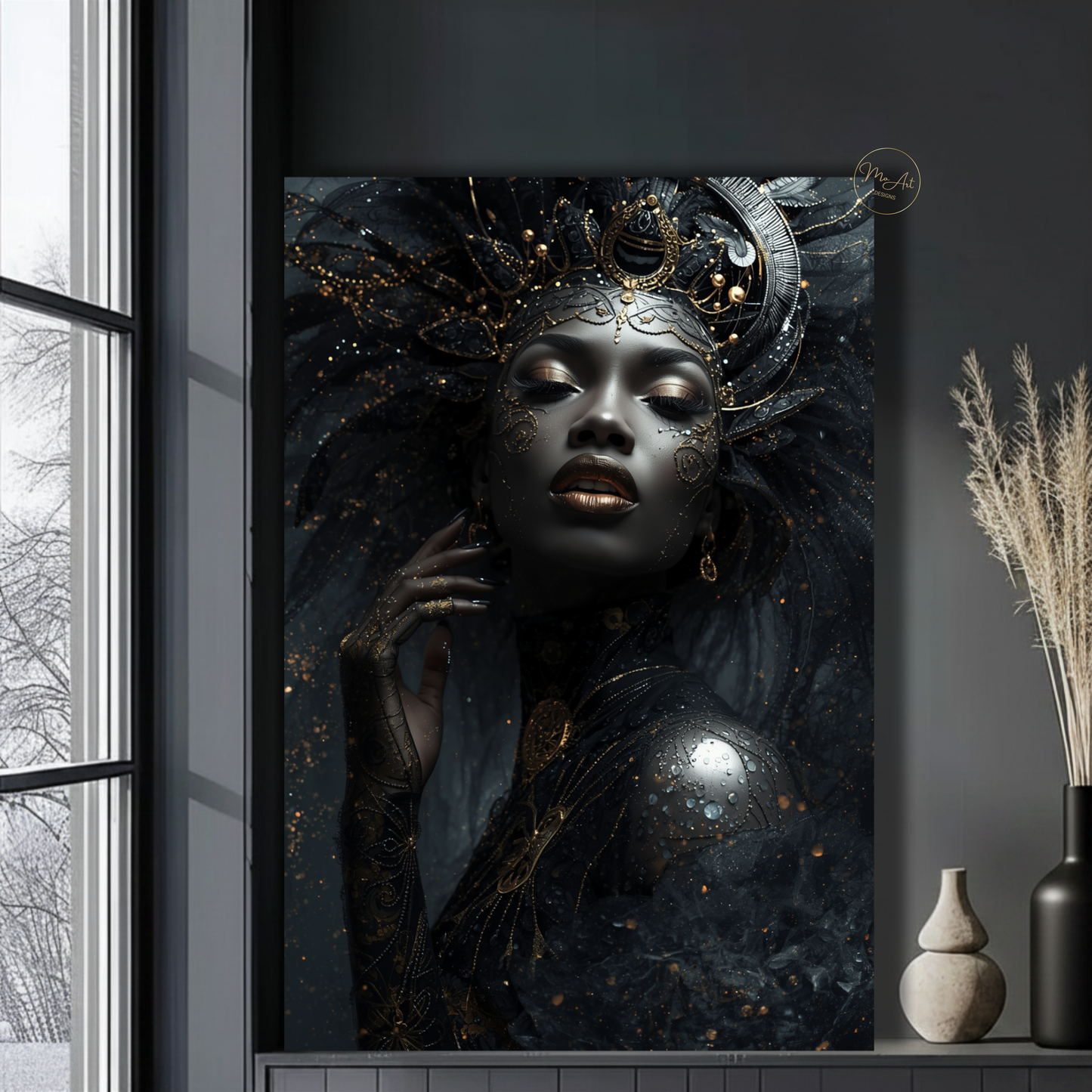 Black Woman Wall Art – Regal Afrocentric Queen | Luxury Black & Gold Canvas Print