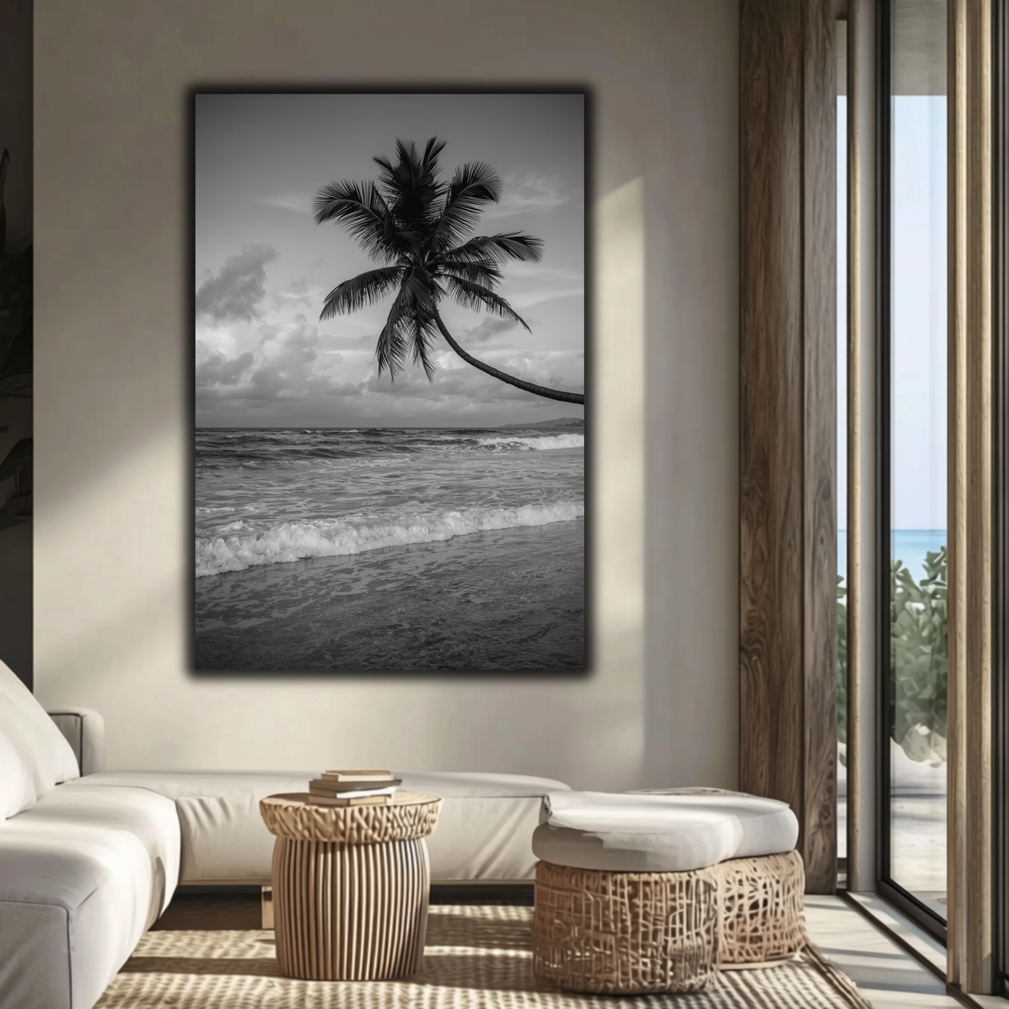 Black & White Tropical Palm Tree Wall Art – Ocean Beach Canvas Print, Coastal Home Decor, Minimalist Photography
