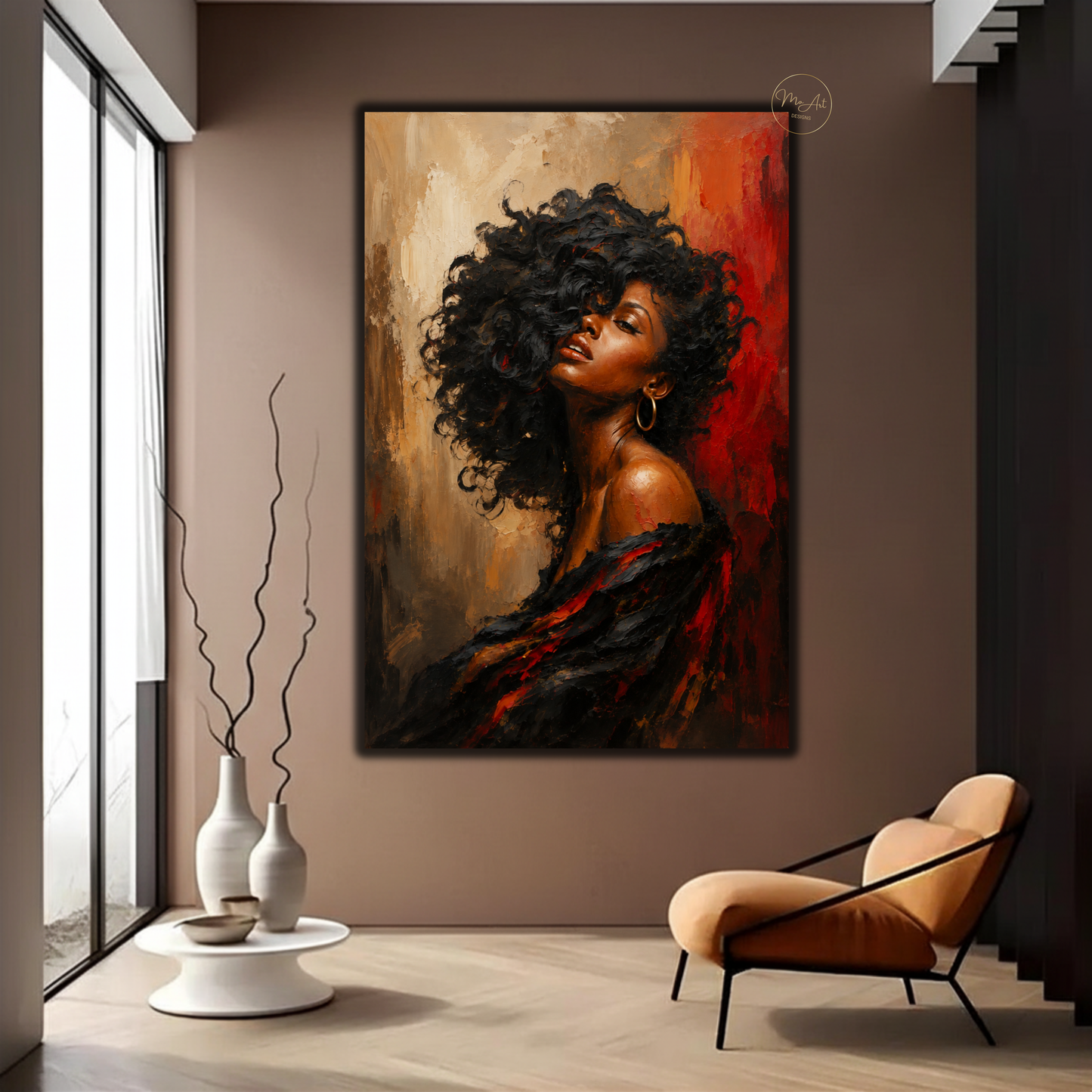 Black Woman Wall Art – Sensual Afrocentric Black, Gold & Red Canvas Print | Luxury Abstract Portrait
