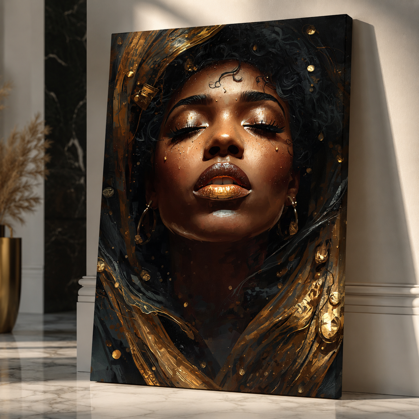Black Woman Wall Art - Black & Gold Afrocentric Abstract Canvas Print