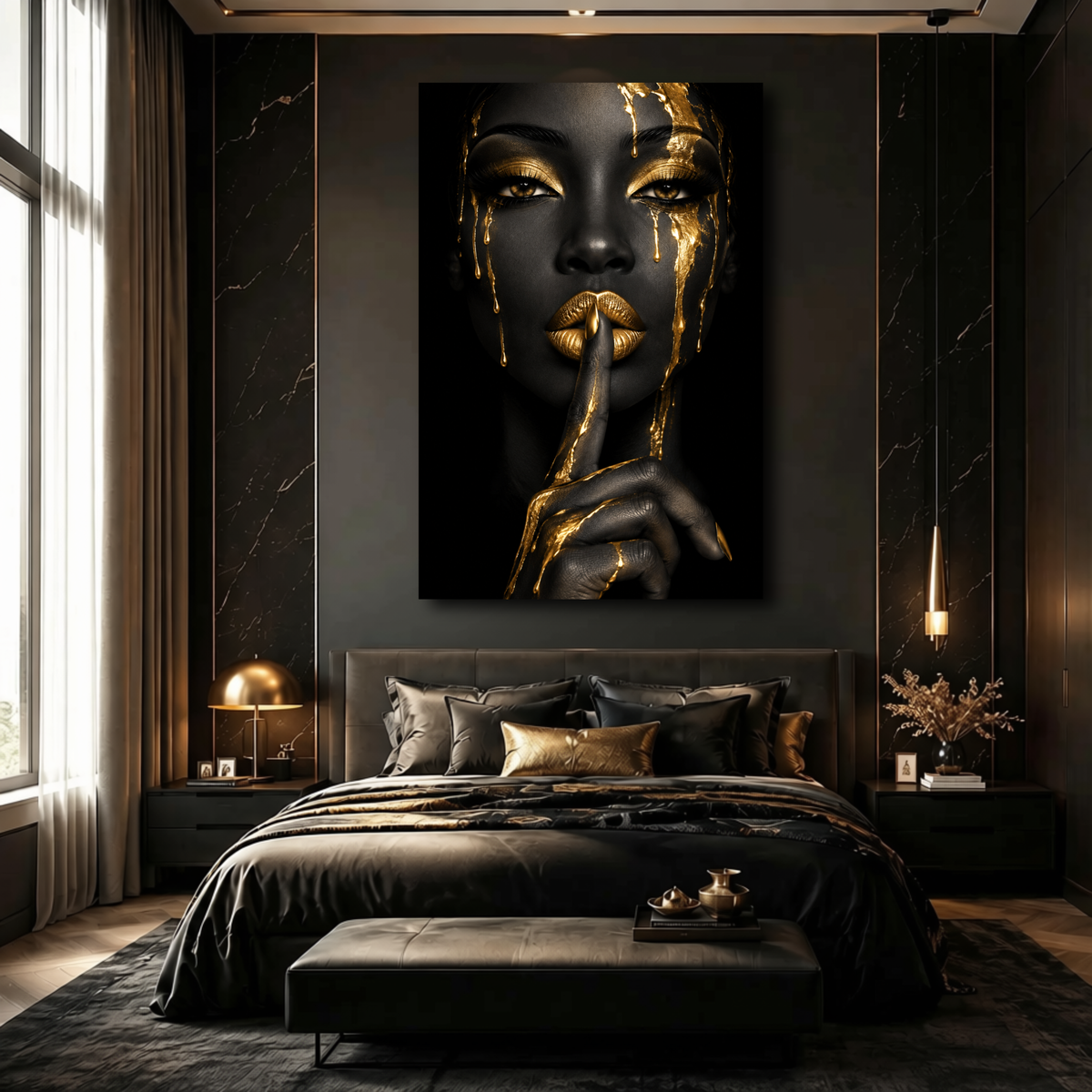 Black Woman Wall Art – Golden Whisper | Afrocentric Black & Gold Luxury Canvas Print