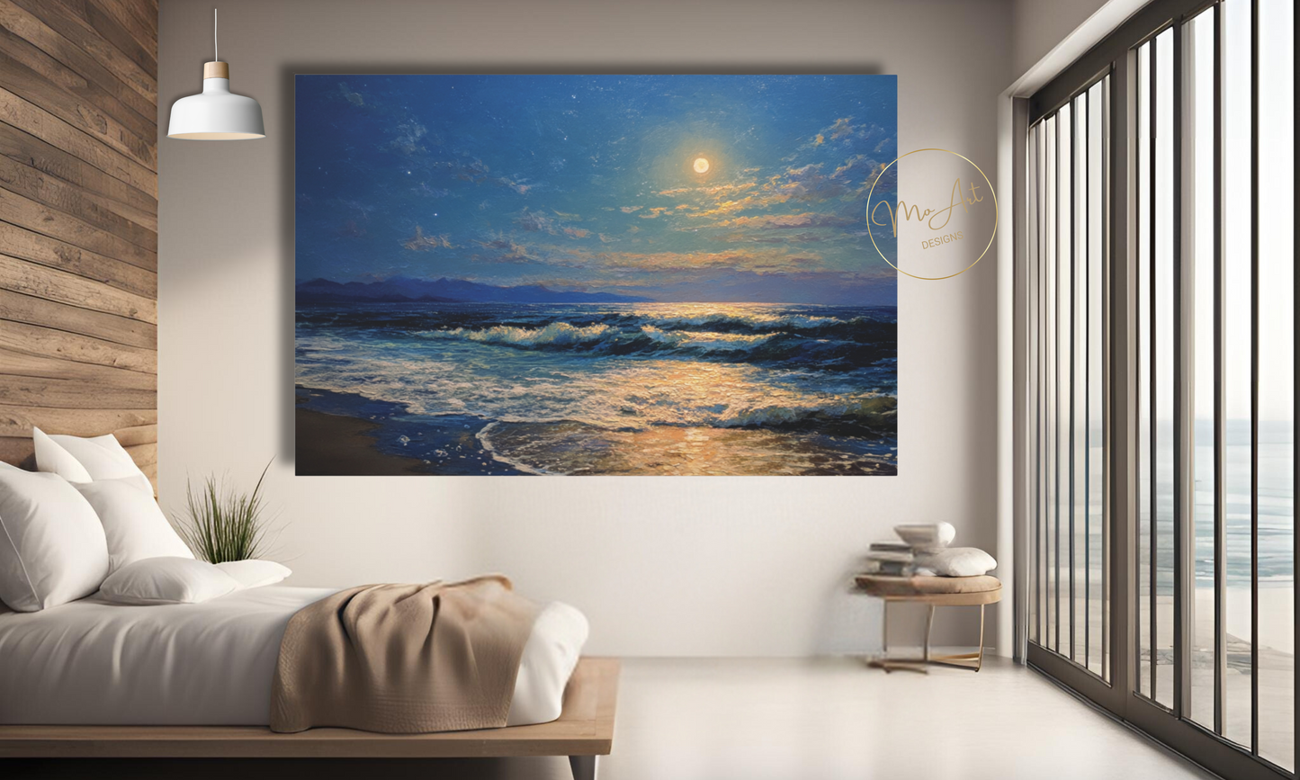 Moonlit Serenade Over Ocean Waves Canvas Wall Art