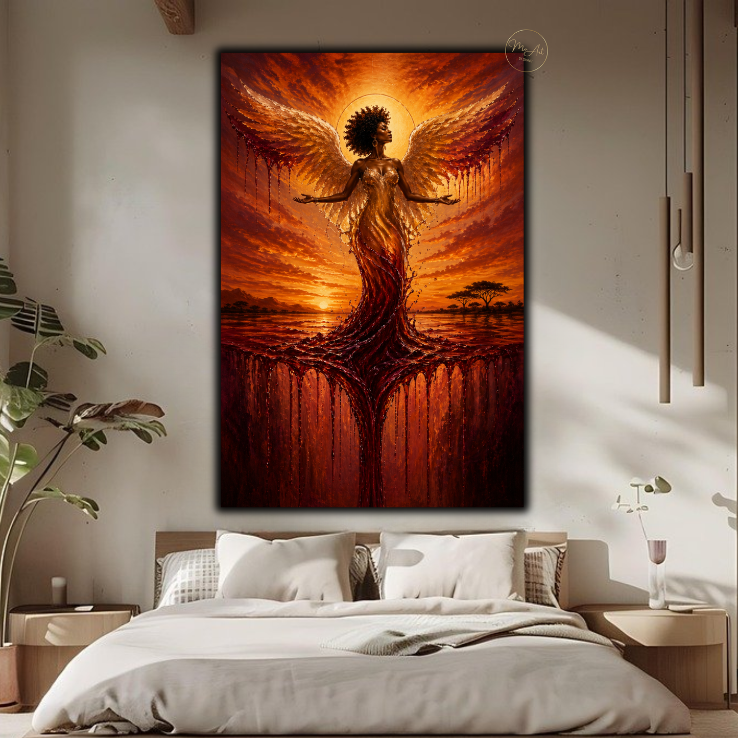 Black Woman Wall Art – Divine Angel at Sunset | Afrocentric Abstract Canvas Print