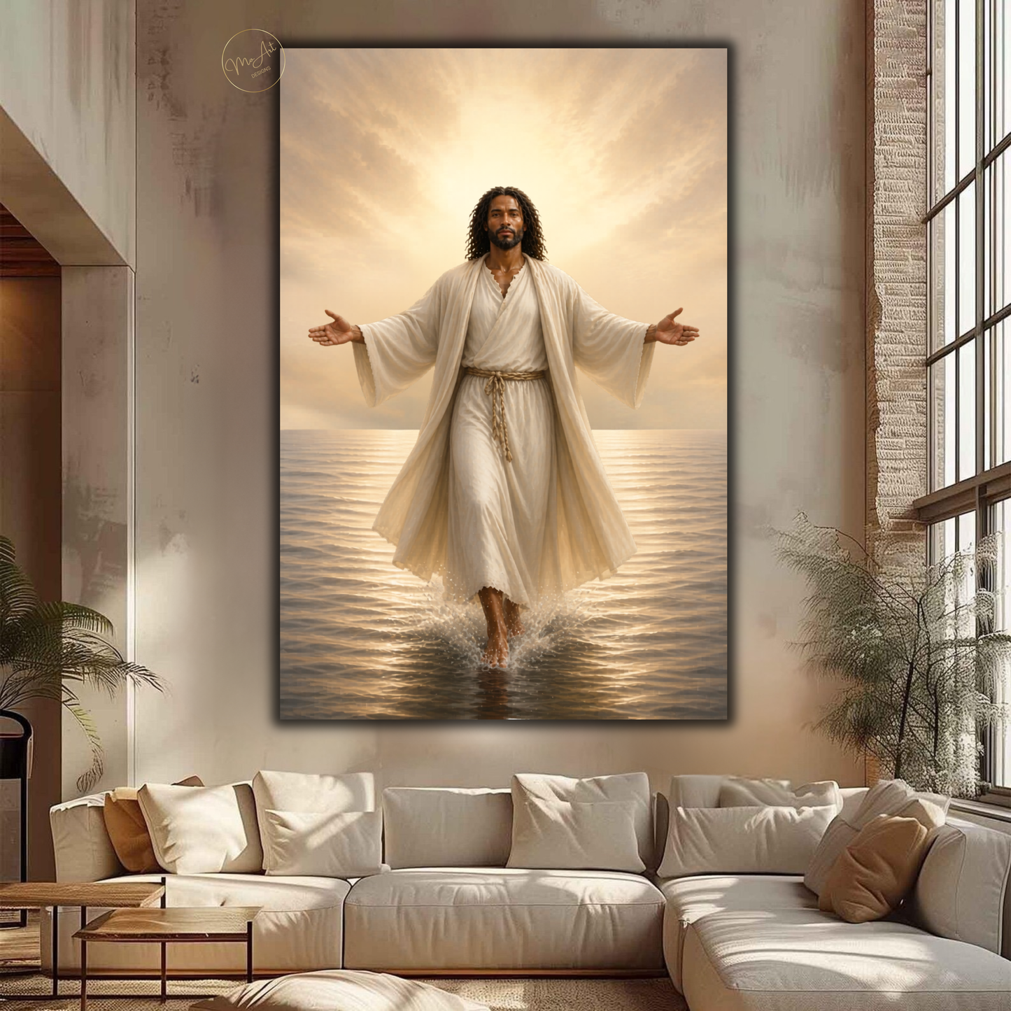 Black Jesus Wall Art - Jesus Walking on Water / Afrocentric Spiritual Canvas Print in Neutral Tones