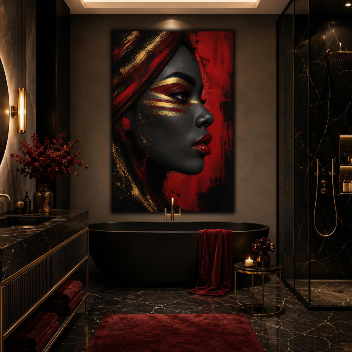 Black Woman Wall Art – Afrocentric Red, Black & Gold Portrait Canvas Print | Luxury Home Decor