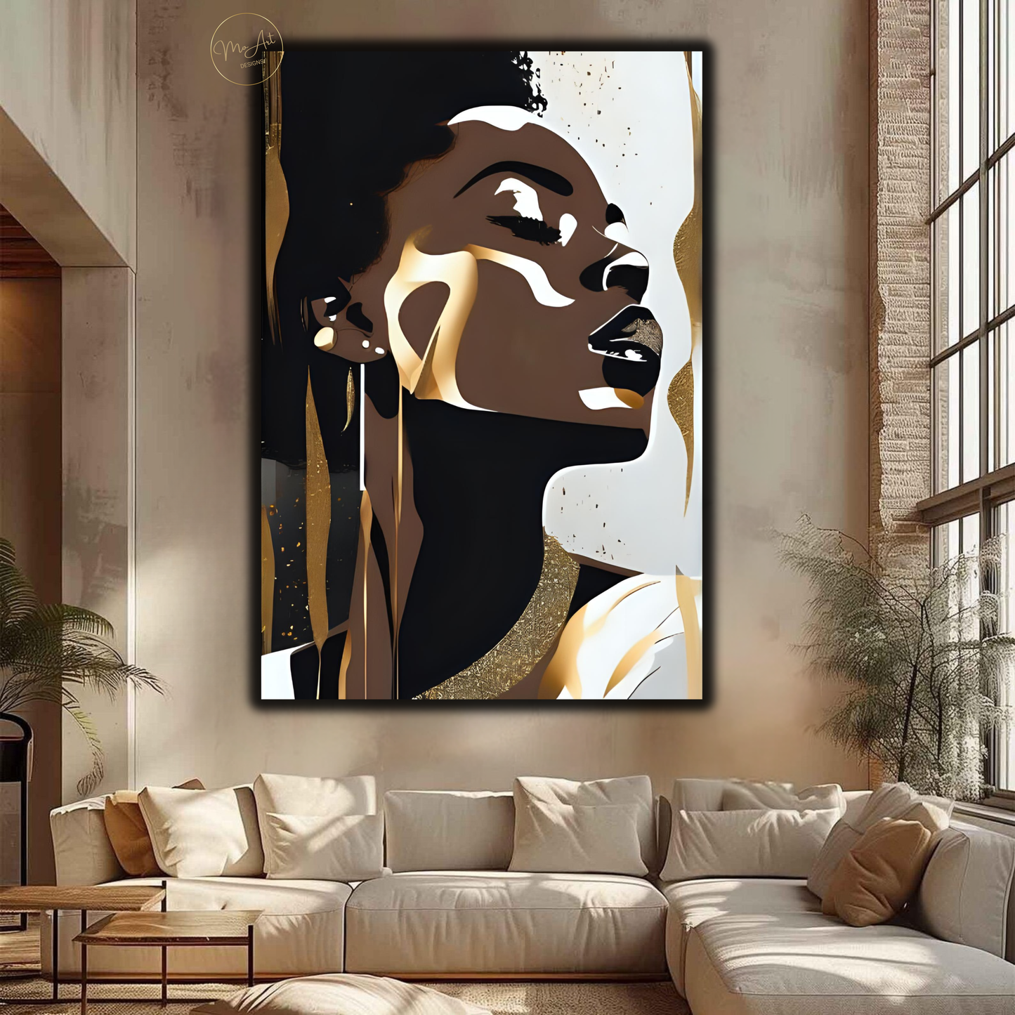Black Woman Wall Art – Elegant Afrocentric Gold & Neutral Abstract Portrait Canvas Print
