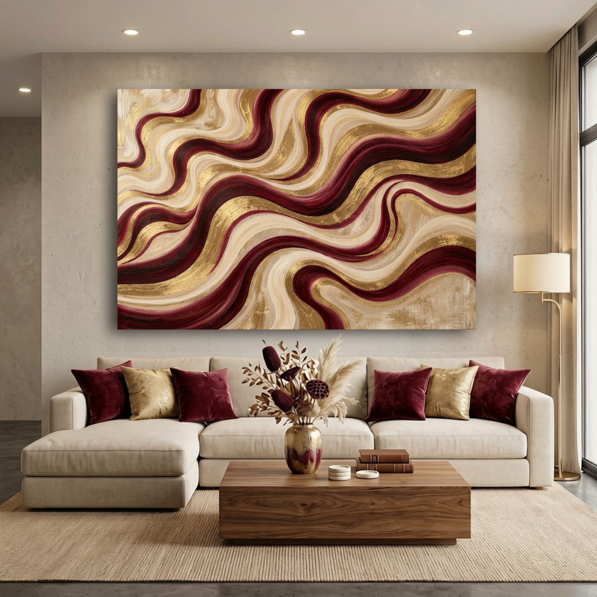 Flowing Waves – Burgundy & Gold Abstract Wall Art | Luxury Canvas Print