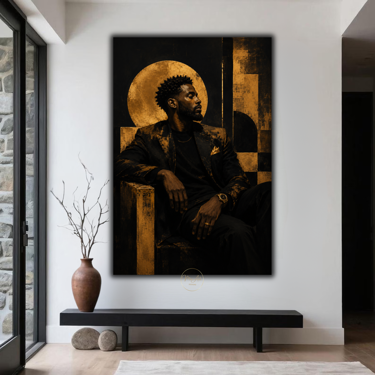 Black Man Wall Art – Abstract Gold & Black Afrocentric Portrait Canvas Print