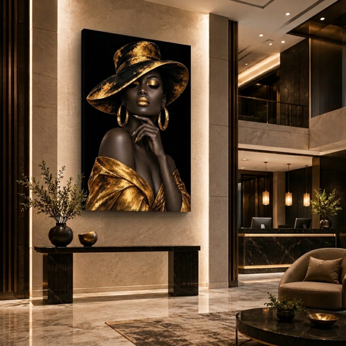 Black Woman Wall Art – Midnight Majesty | Black & Gold Afrocentric Luxury Canvas Print