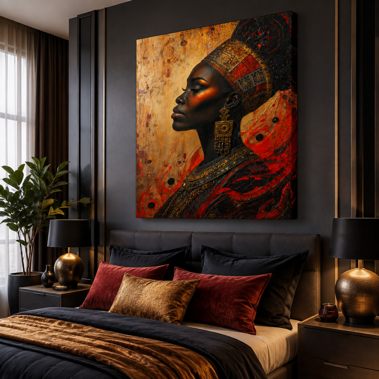 Black Woman Wall Art – Abstract African Queen Canvas Print |  Afrocentric Gold, Red & Black Decor