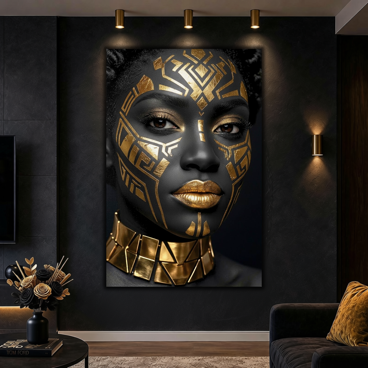 Black Woman Wall Art – Midnight Warrior | Luxury Black & Gold Afrocentric Canvas Print