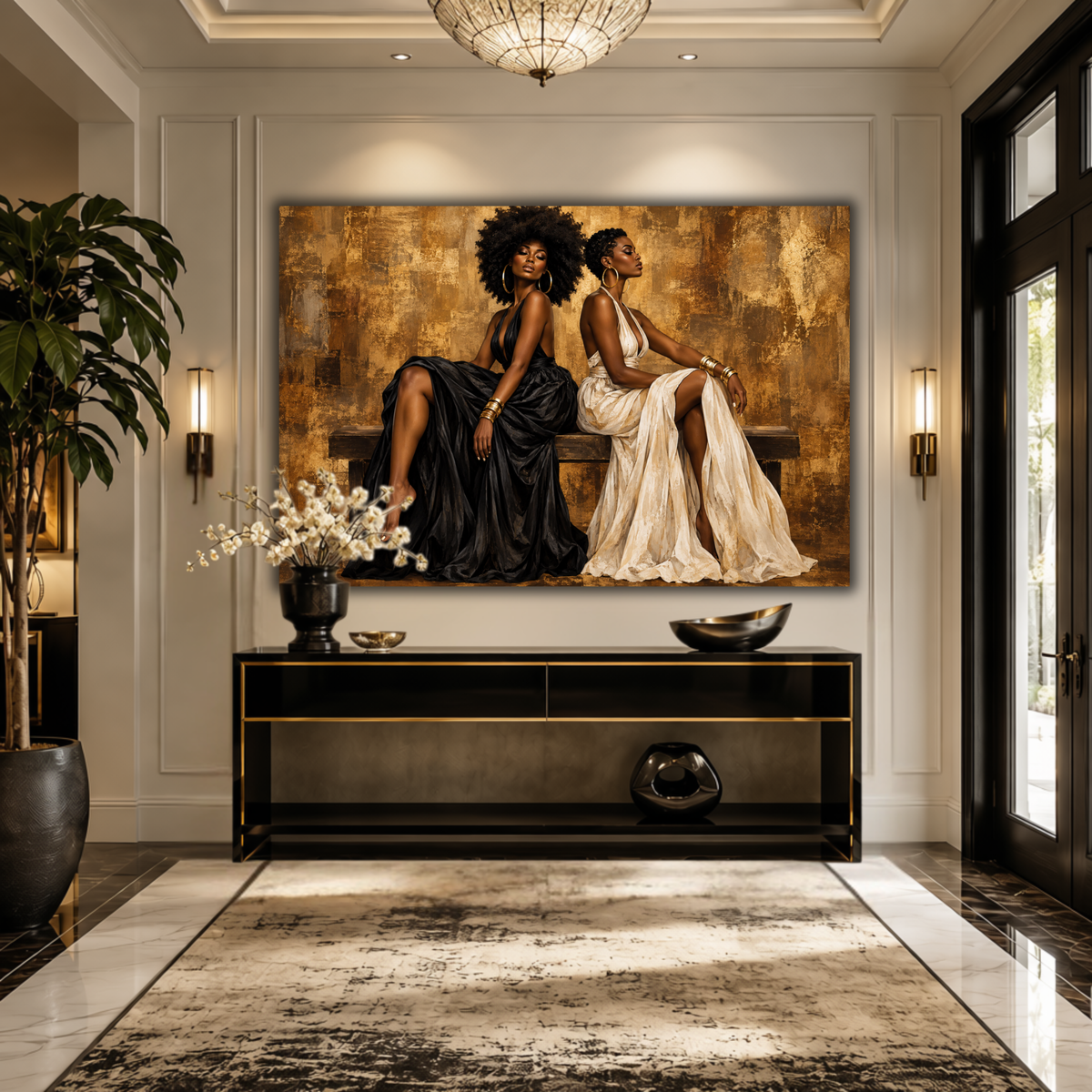 Black Women Wall Art – Essence of Sisterhood | Afrocentric Black & Gold Canvas Print