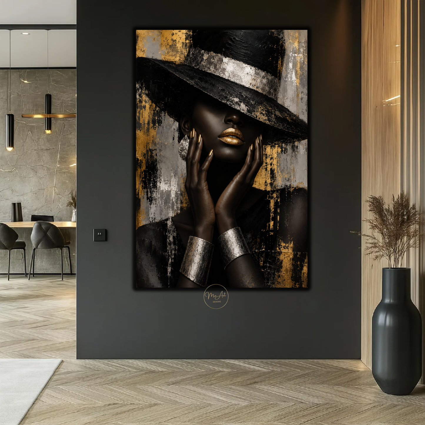 Black Woman Wall Art – Glamorous Black, Gold & Silver Abstract Canvas Print