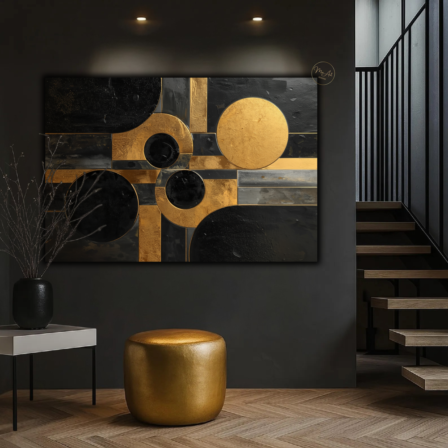 Black & Gold Geometric Abstract Wall Art – Luxury Modern Circle & Square Canvas Print