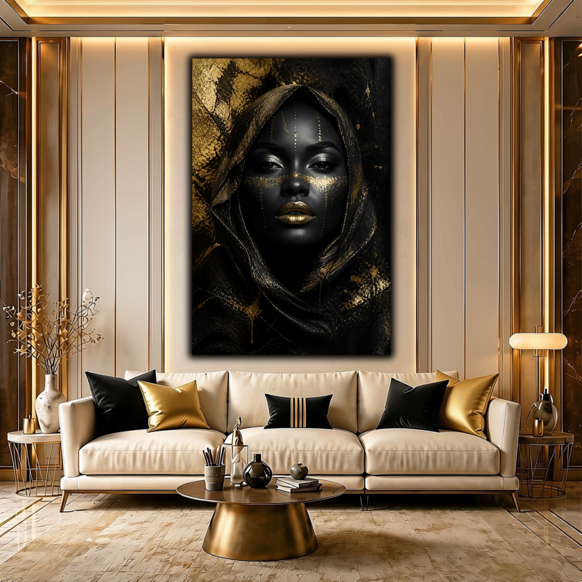 Black Woman Wall Art – Obsidian Queen | Black & Gold Luxury Portrait Canvas Print