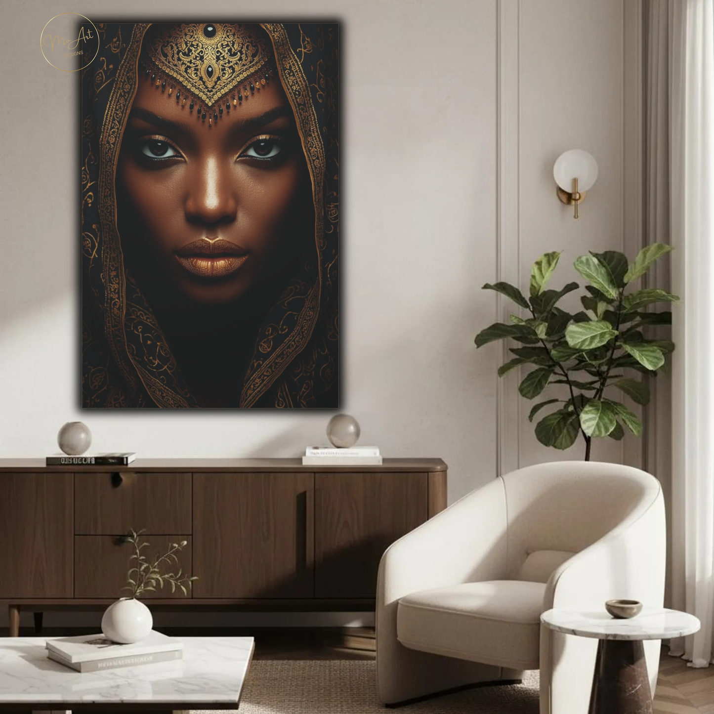 Black Woman Wall Art – African Goddess Queen | Black & Gold Luxury Canvas Print