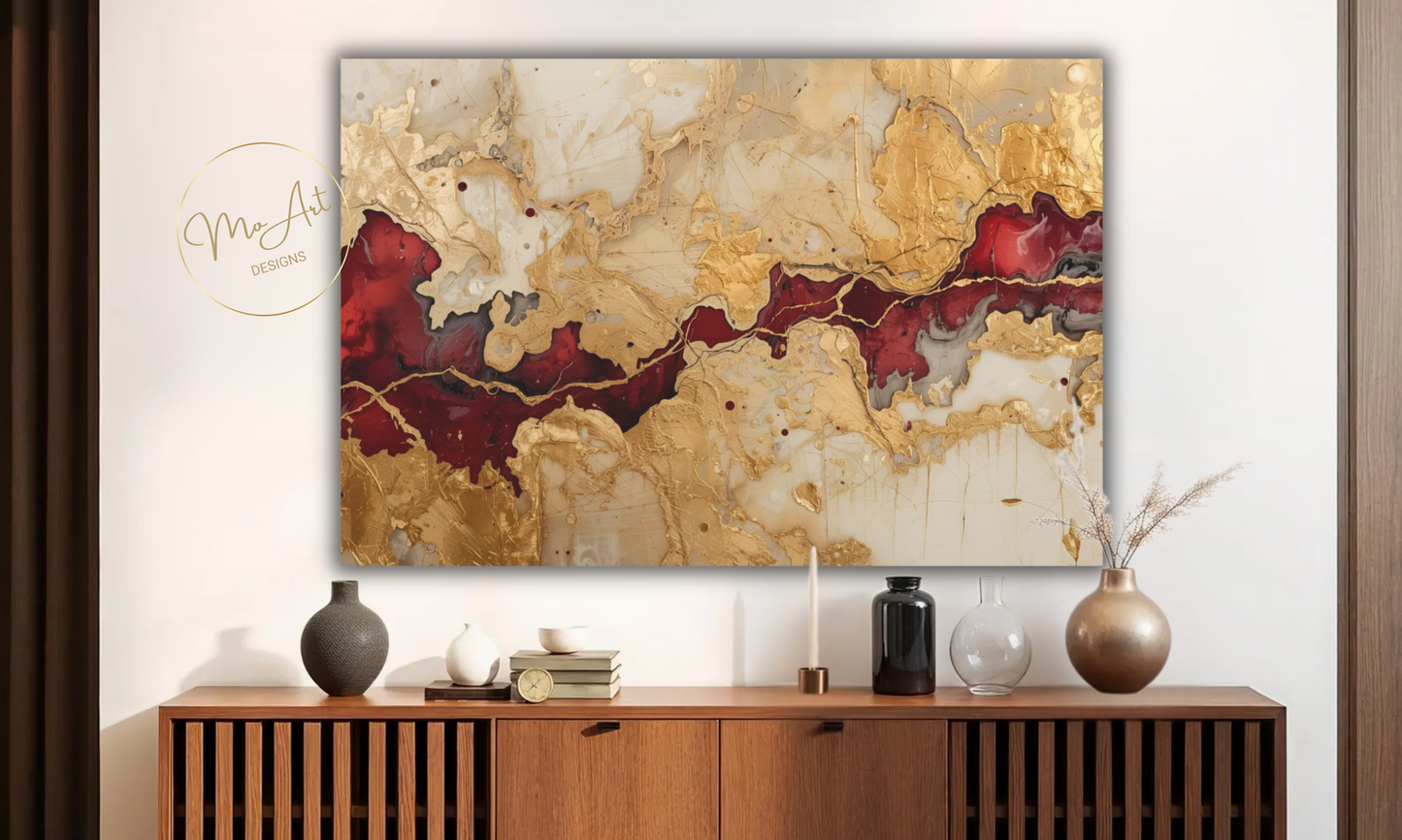 "Crimson Rift" – Abstract Gold, Burgundy & Cream Wall Art