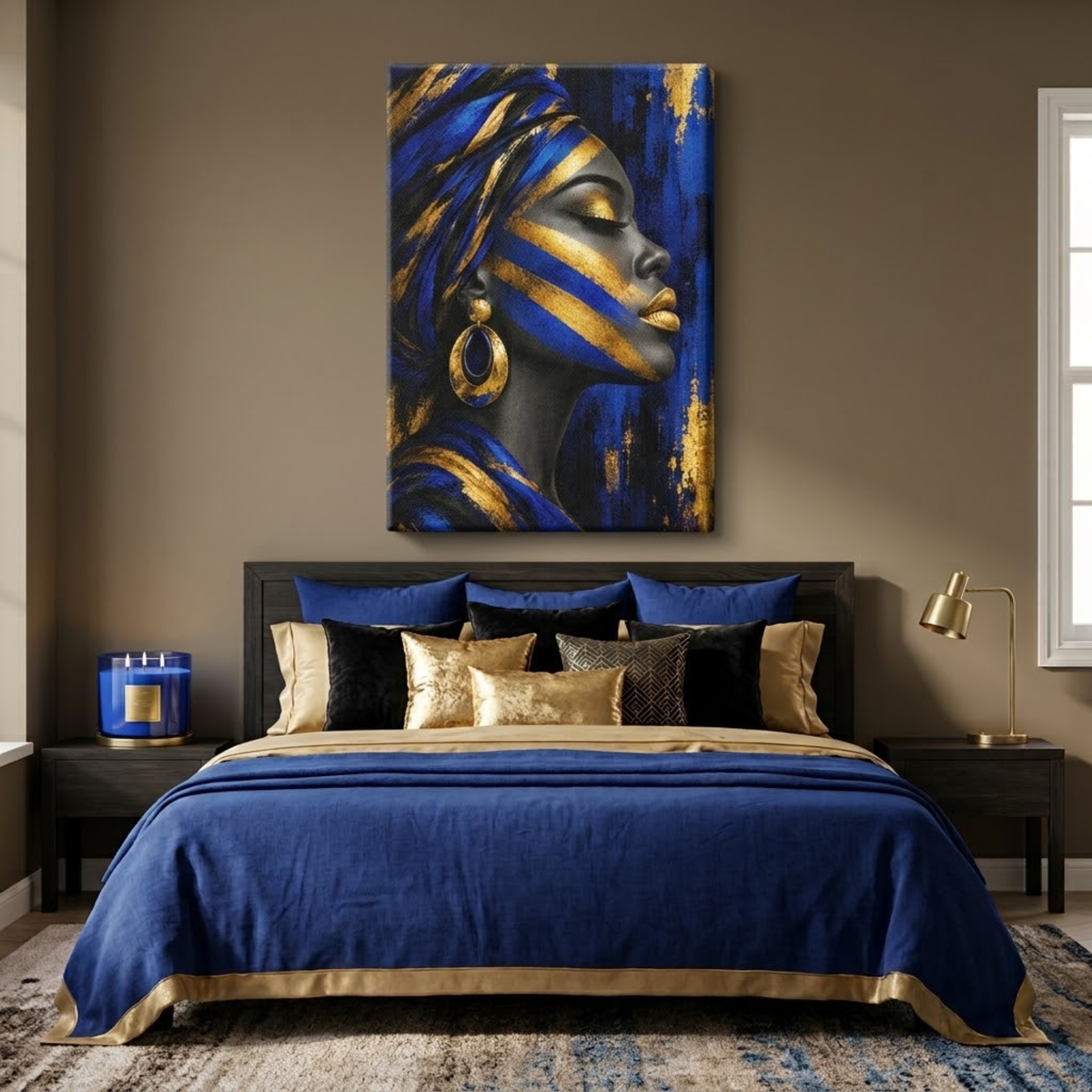 Black Woman Wall Art - Afrocentric Blue, Black & Gold Canvas Print | Luxury Home Decor