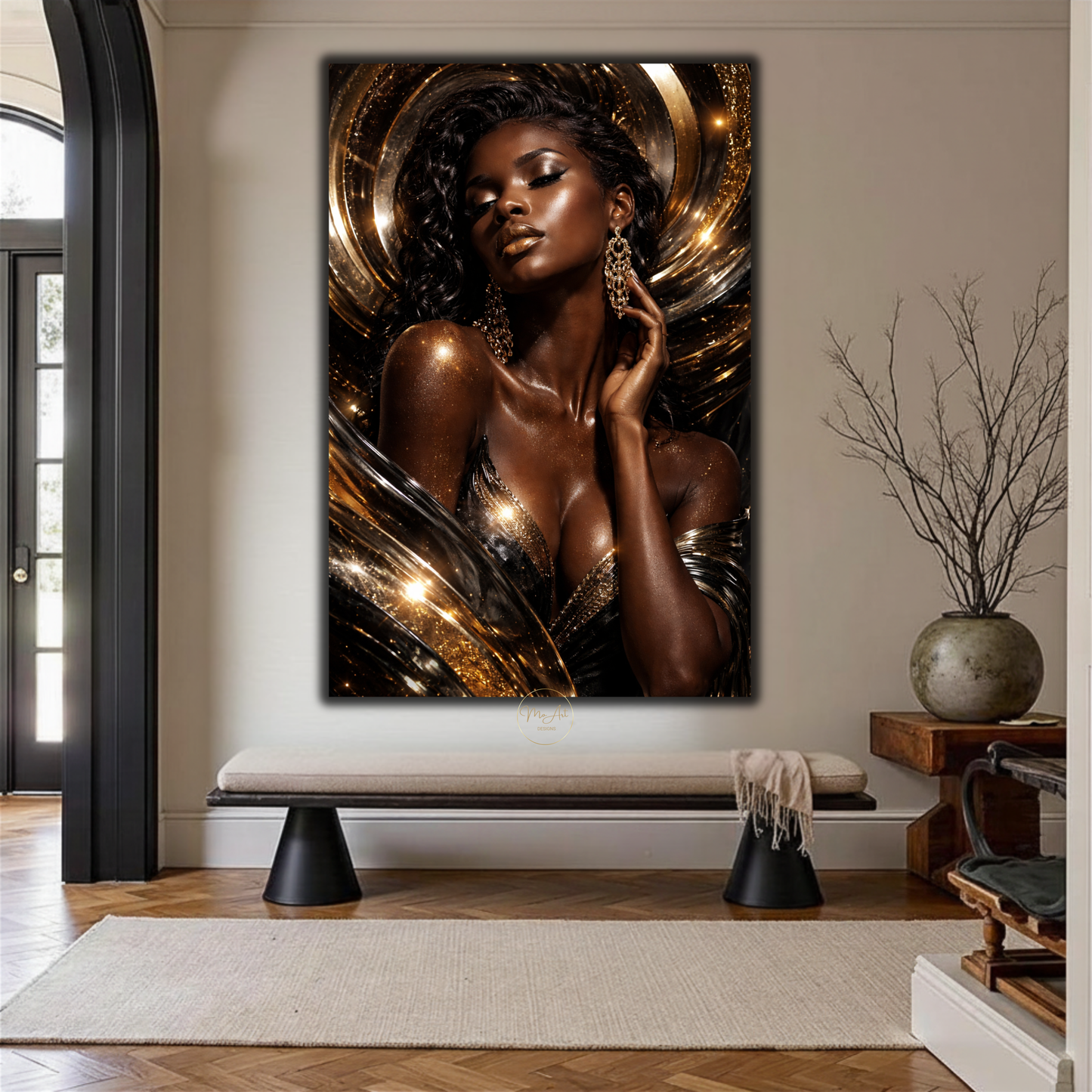 Black Woman Wall Art – Seductive Afrocentric Gold & Black Abstract Canvas Print | Elegant Luxury Home Decor