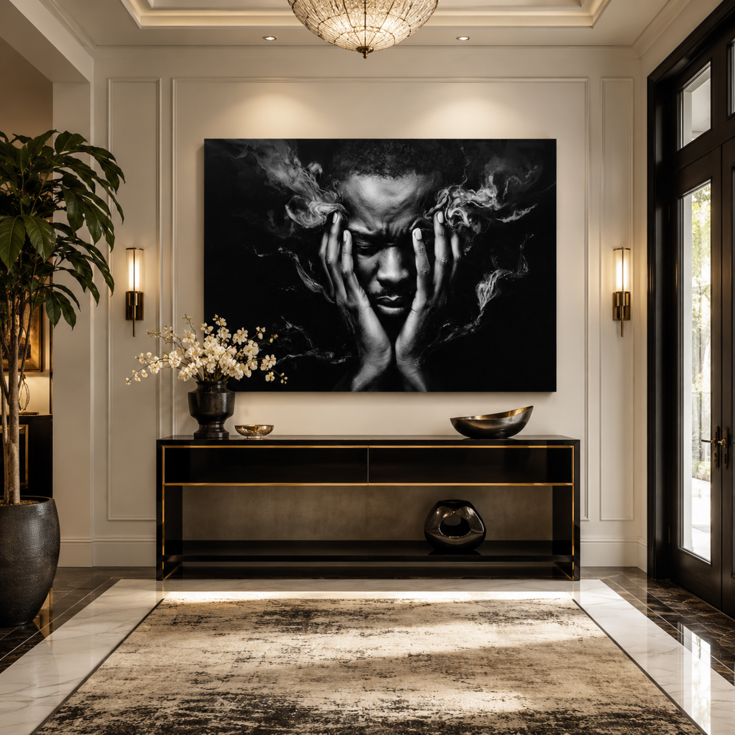 Black Man Wall Art – Abstract Emotional Portrait Canvas Print | Black & White Modern Wall Decor